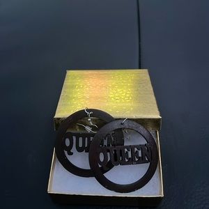 Wood Dangling Hoop “Queen” Earrings.